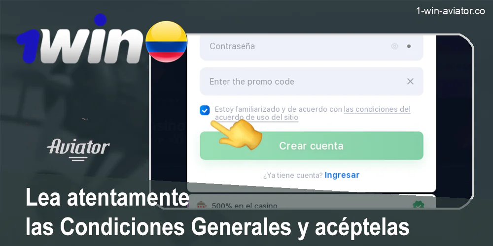 Aceptar los términos y condiciones al crear una cuenta 1Win
